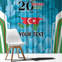Blue printed curtain with “20” and red Azerbaijan map graphic; white diagonal stripes