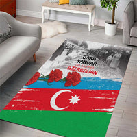 Rectangular Azerbaijan flag style area rug with red, blue, green stripes, crescent and star