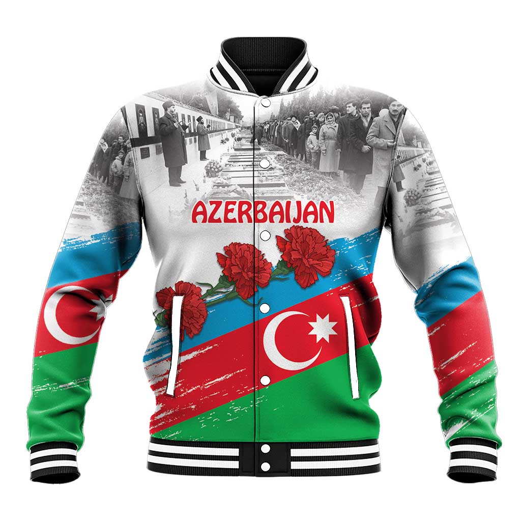 Unisex white baseball jacket with Azerbaijan and Qara Yanvar front graphic, ribbed cuffs