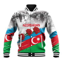 Unisex white baseball jacket with Azerbaijan and Qara Yanvar front graphic, ribbed cuffs