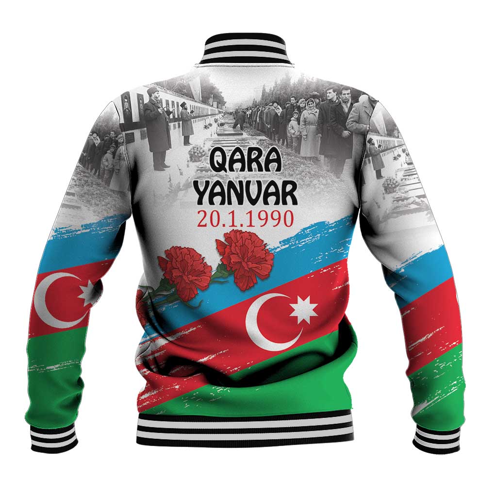 Unisex white baseball jacket with Qara Yanvar back text date and Azerbaijan flag, ribbed trim