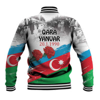 Unisex white baseball jacket with Qara Yanvar back text date and Azerbaijan flag, ribbed trim