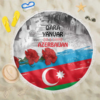 Circular Azerbaijan flag beach blanket with fringed edge, red blue green design and floral accents