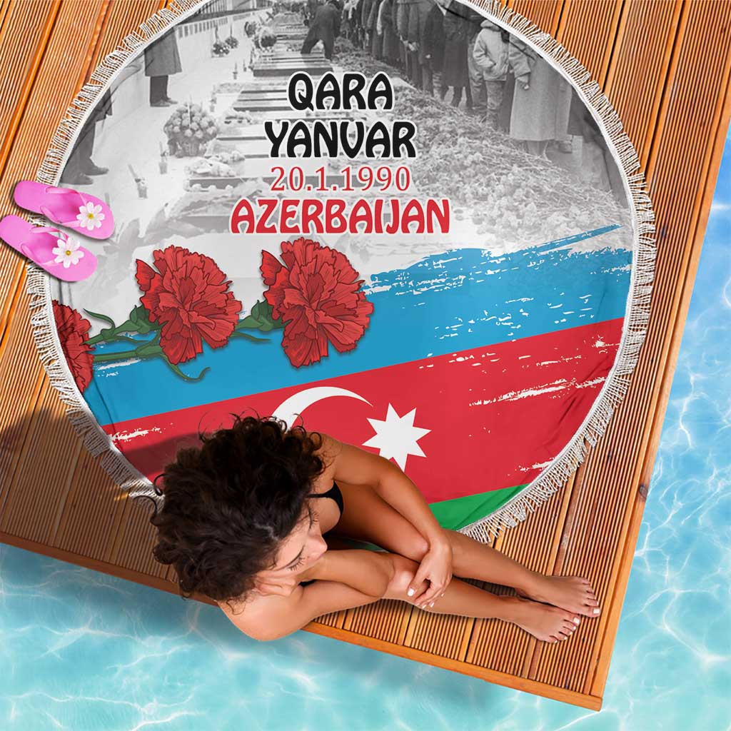 Circular fringed beach blanket featuring Azerbaijan flag print with QARA YANVAR text and flowers
