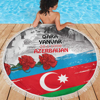 Circular fringed Azerbaijan flag beach blanket with crescent, star, and red floral roses