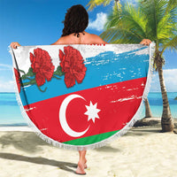 Circular beach blanket with fringed edge showing Azerbaijan flag colors, crescent star, and roses