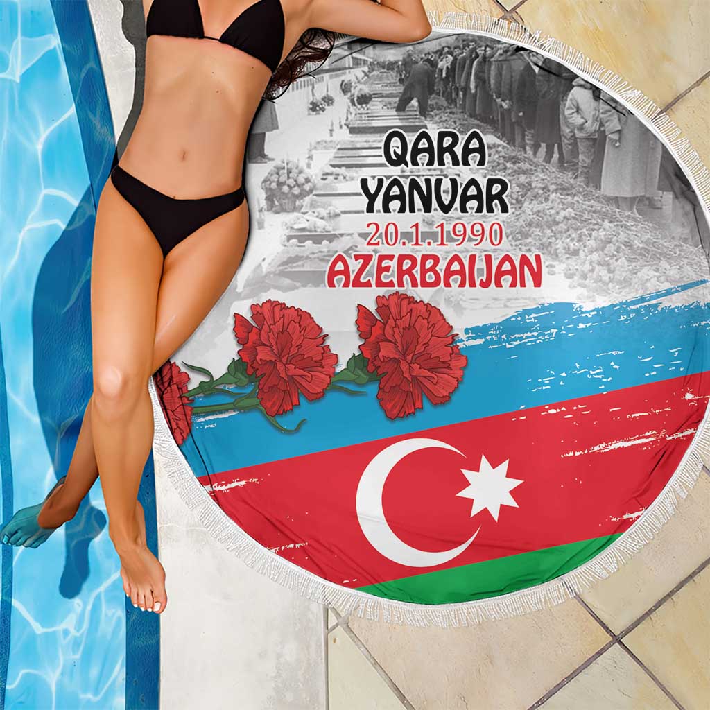 Circular fringed Azerbaijan flag beach blanket with QARA YANVAR 20.1.1990 text and floral roses