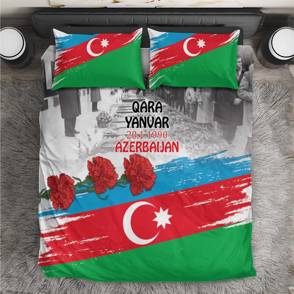 Flag-style bedding set with green, red, blue print, roses, and crescent star on duvet