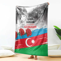 Azerbaijan flag style blanket draped over sofa, red green blue with crescent star text