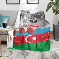 Azerbaijan flag style blanket on floor seat, red green blue with crescent star and flowers