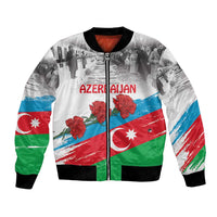 Flag-style bomber jacket, white base with red-blue-green panels, full-zip, ribbed cuffs
