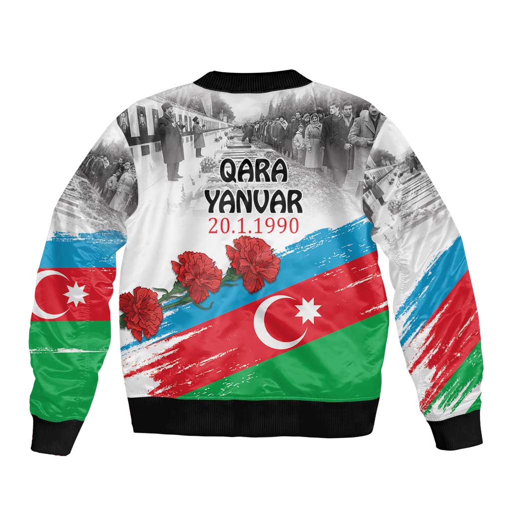 Bomber jacket with Azerbaijan flag-style print, black ribbed collar and hem, zip front