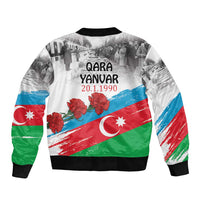 Bomber jacket with Azerbaijan flag-style print, black ribbed collar and hem, zip front