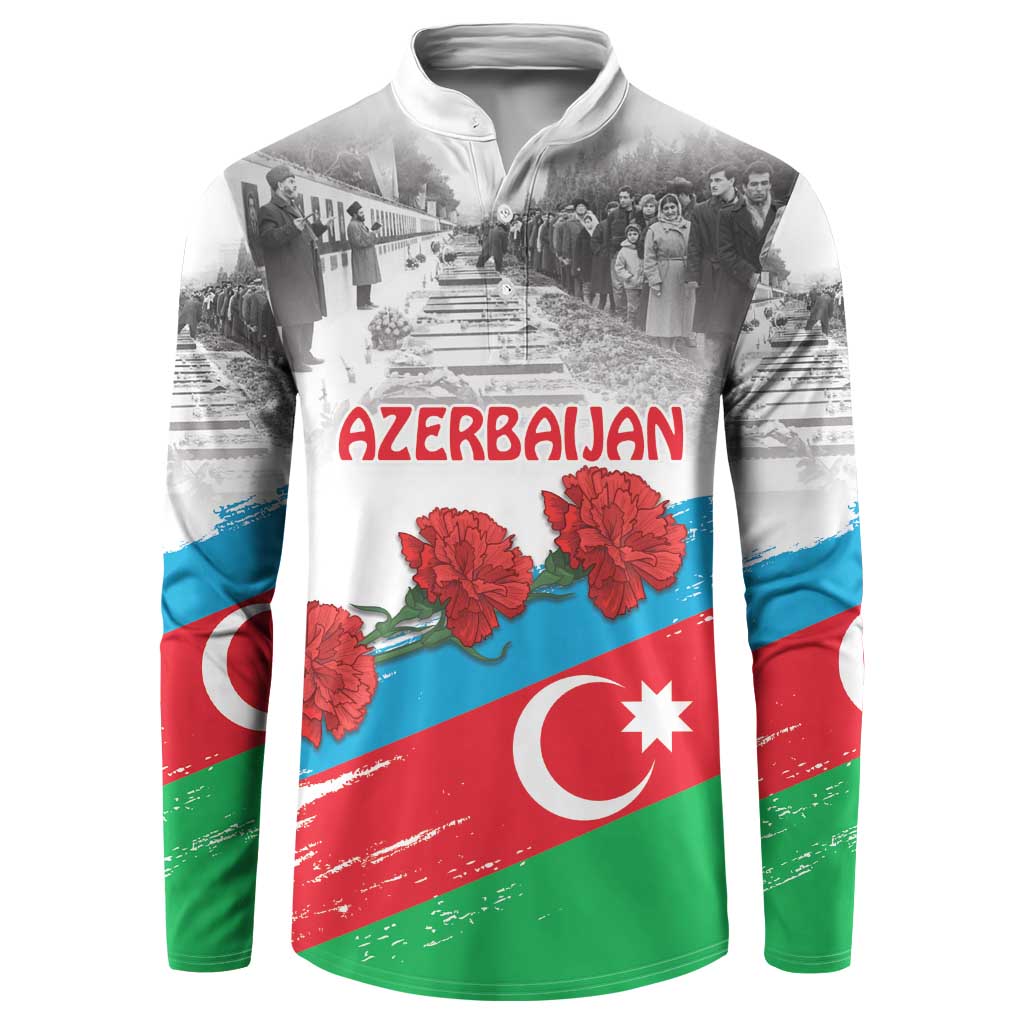 White button sweatshirt with Azerbaijan flag print, red flowers, front text AZERBAIJAN