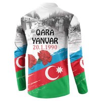 White button sweatshirt, back text QARA YANVAR 20.1.1990 with red flowers and flag