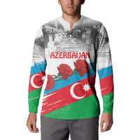 White button sweatshirt with Azerbaijan flag print, red flowers, front AZERBAIJAN