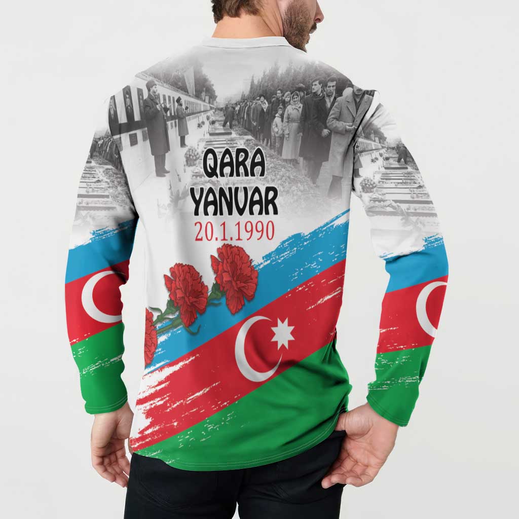 White button sweatshirt, back QARA YANVAR 20.1.1990 over Azerbaijan flag with red flowers
