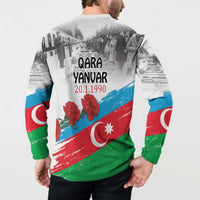 White button sweatshirt, back QARA YANVAR 20.1.1990 over Azerbaijan flag with red flowers