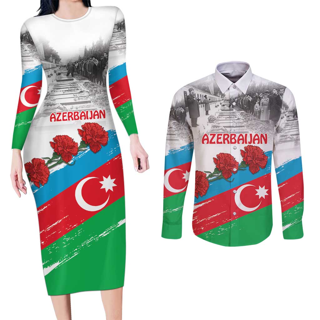 Azerbaijan Qara Yanvar Couples Matching Long Sleeve Bodycon Dress and Long Sleeve Button Shirt with Flag Style LT9 - Wonder Print Shop