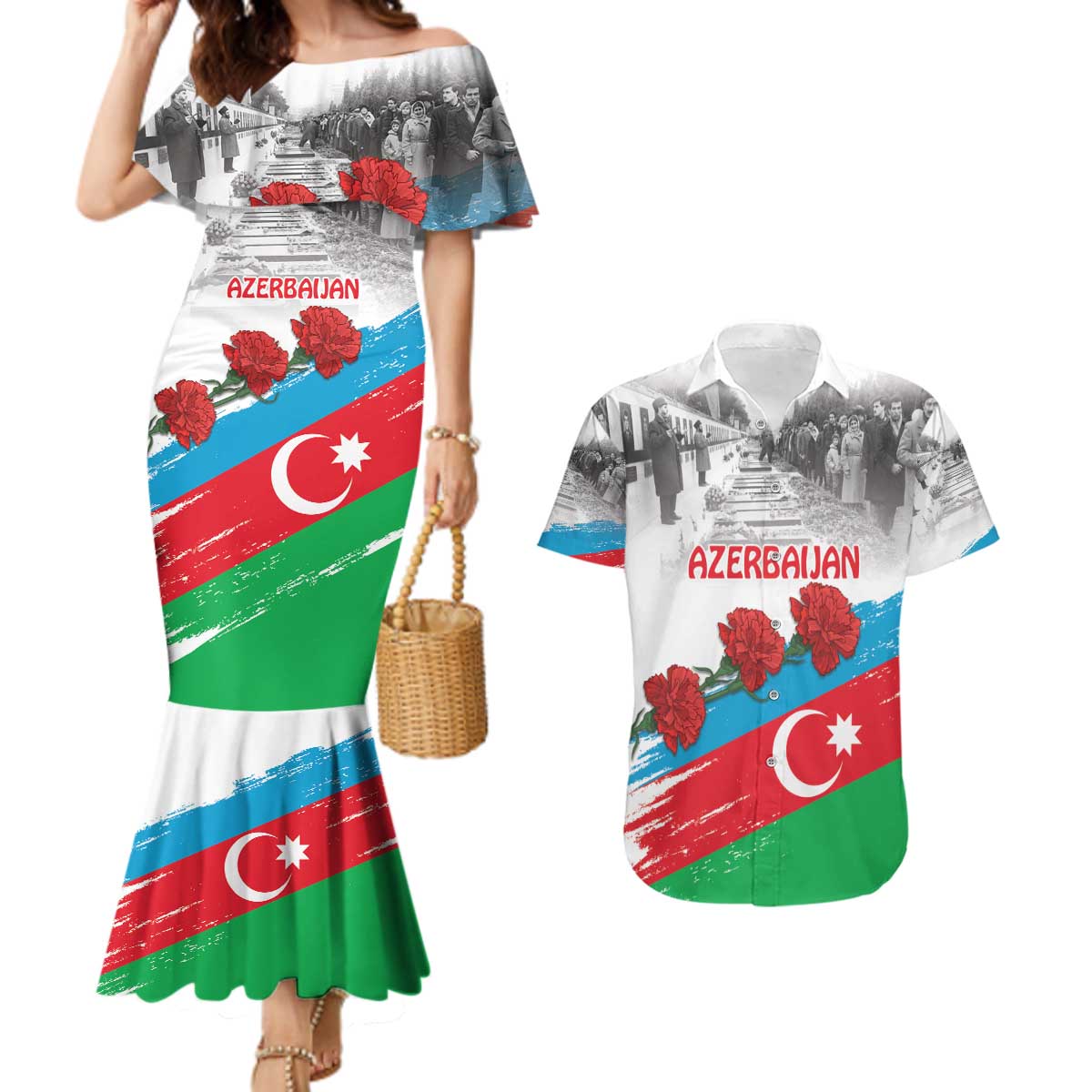 Azerbaijan Qara Yanvar Couples Matching Mermaid Dress and Hawaiian Shirt with Flag Style LT9 - Wonder Print Shop