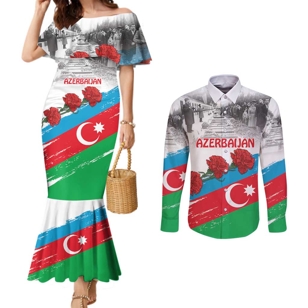 Azerbaijan Qara Yanvar Couples Matching Mermaid Dress and Long Sleeve Button Shirt with Flag Style