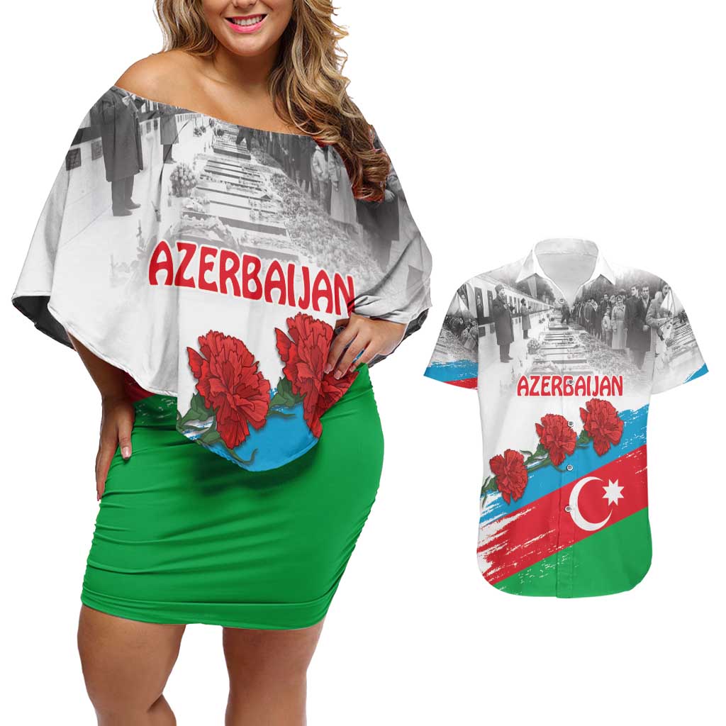 Azerbaijan Qara Yanvar Couples Matching Off Shoulder Short Dress and Hawaiian Shirt with Flag Style LT9 - Wonder Print Shop