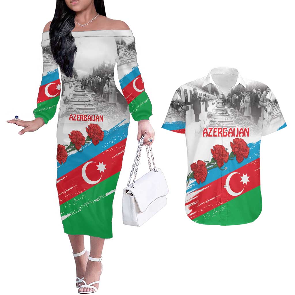 Azerbaijan Qara Yanvar Couples Matching Off The Shoulder Long Sleeve Dress and Hawaiian Shirt with Flag Style LT9 - Wonder Print Shop