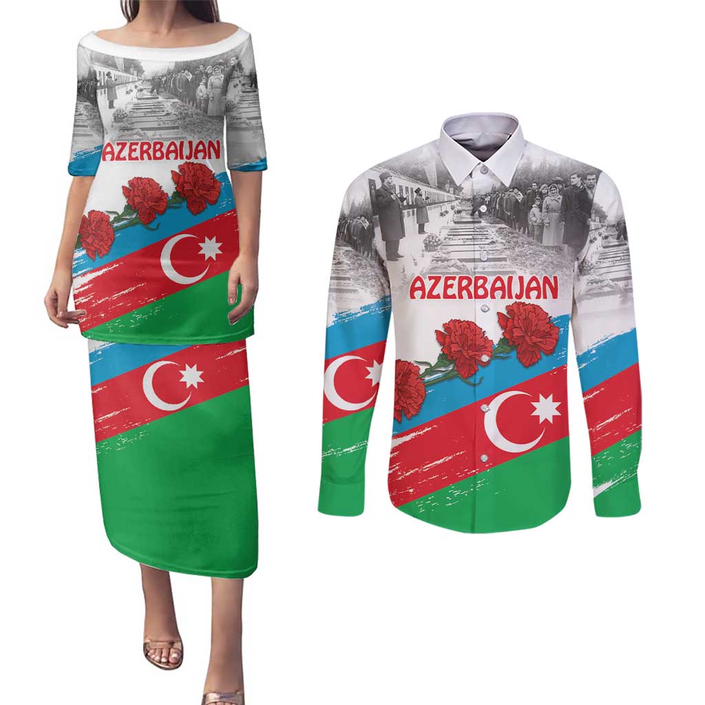 Azerbaijan Qara Yanvar Couples Matching Puletasi and Long Sleeve Button Shirt with Flag Style LT9 - Wonder Print Shop