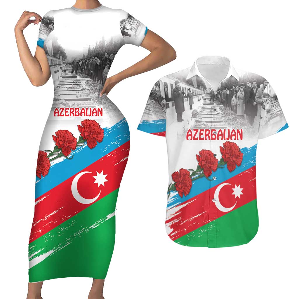 Azerbaijan Qara Yanvar Couples Matching Short Sleeve Bodycon Dress and Hawaiian Shirt with Flag Style LT9 - Wonder Print Shop