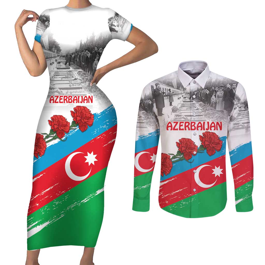 Azerbaijan Qara Yanvar Couples Matching Short Sleeve Bodycon Dress and Long Sleeve Button Shirt with Flag Style LT9 - Wonder Print Shop