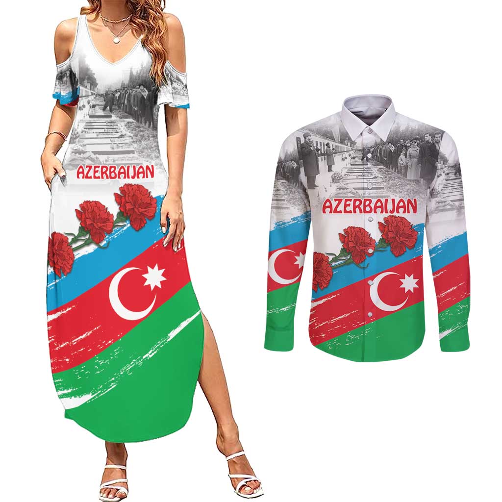 Azerbaijan Qara Yanvar Couples Matching Summer Maxi Dress and Long Sleeve Button Shirt with Flag Style LT9 - Wonder Print Shop