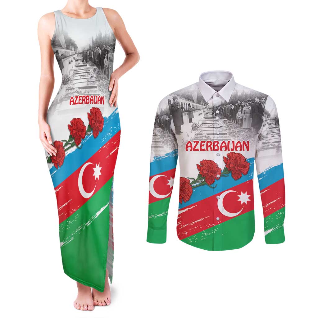 Azerbaijan Qara Yanvar Couples Matching Tank Maxi Dress and Long Sleeve Button Shirt with Flag Style LT9 - Wonder Print Shop