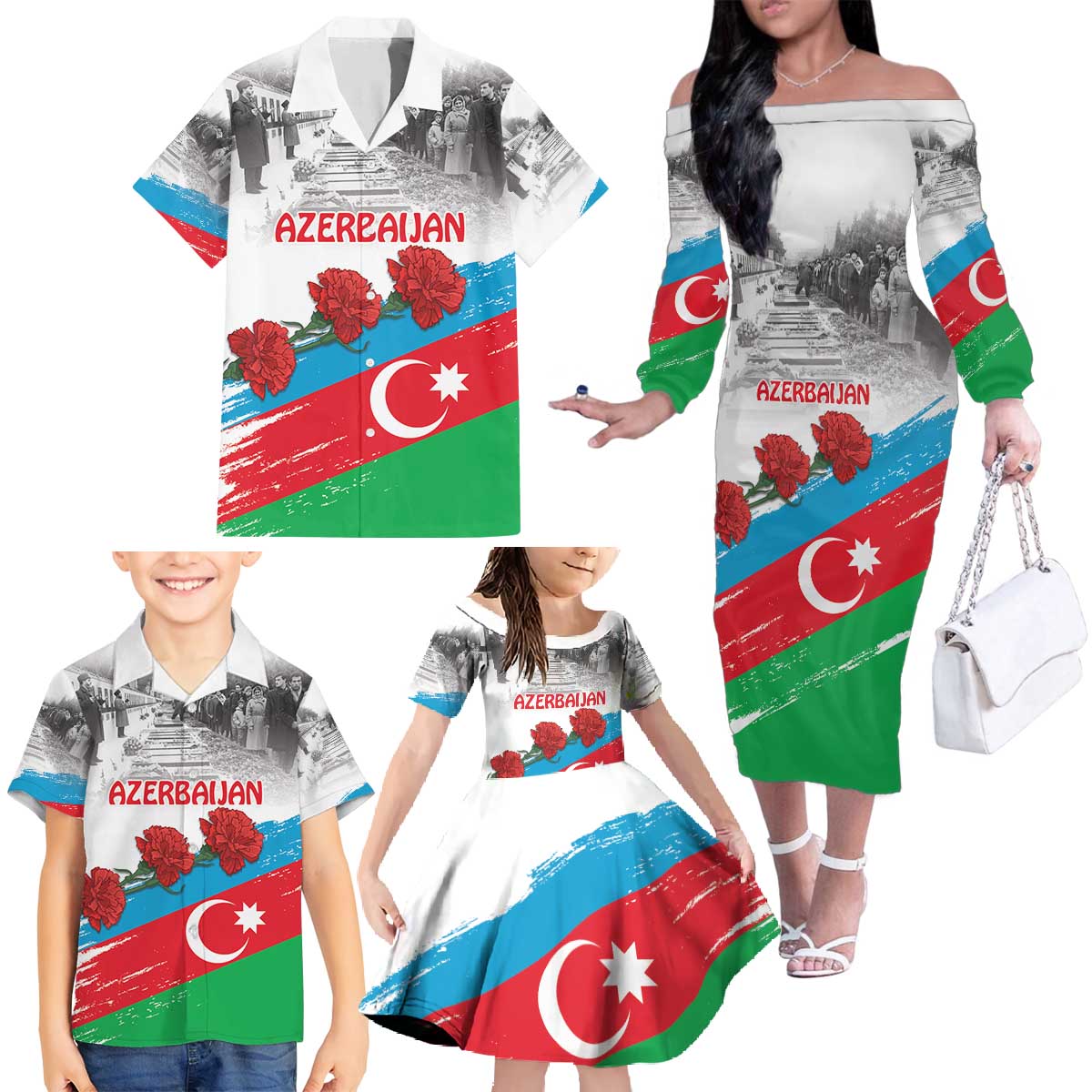 Azerbaijan Qara Yanvar Family Matching Off The Shoulder Long Sleeve Dress and Hawaiian Shirt with Flag Style - Wonder Print Shop