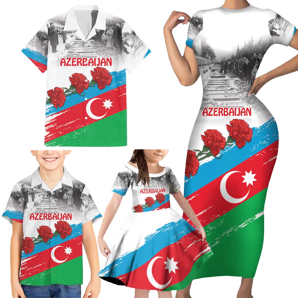 Azerbaijan Qara Yanvar Family Matching Short Sleeve Bodycon Dress and Hawaiian Shirt with Flag Style - Wonder Print Shop