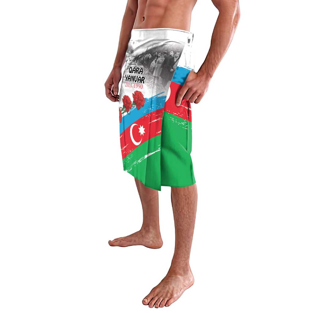 Flag-print sarong lavalava skirt angled view with white waistband and blue/red/green panel