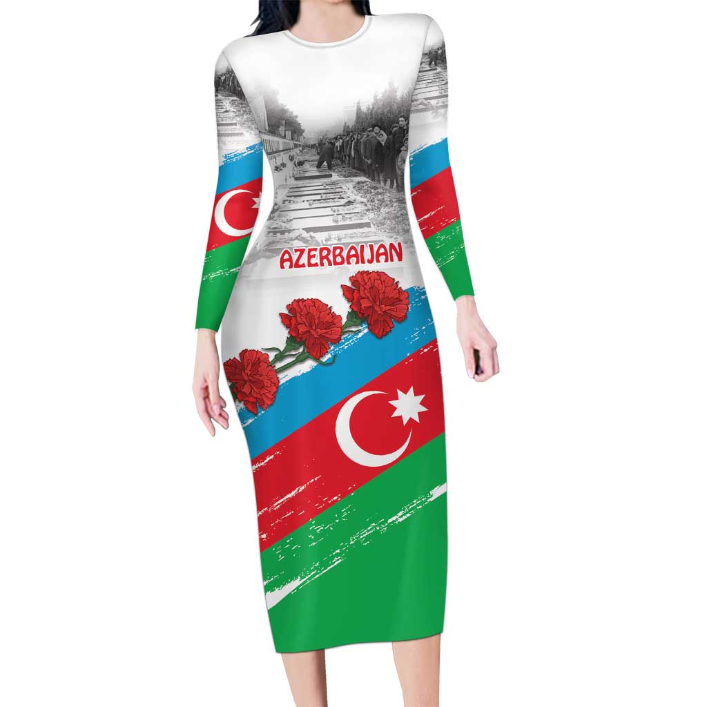 Azerbaijan Qara Yanvar Long Sleeve Bodycon Dress with Flag Style - Wonder Print Shop