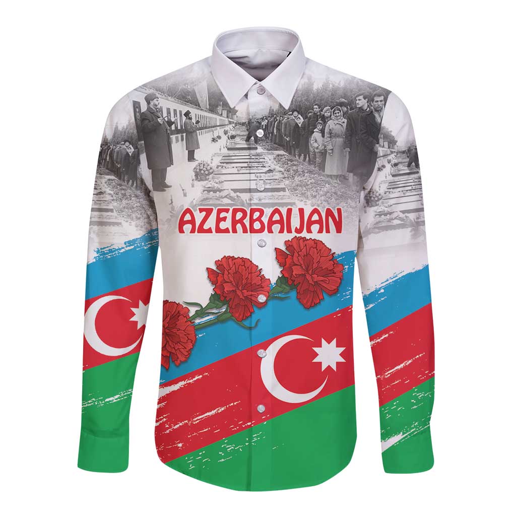White long-sleeve button shirt with Azerbaijan flag graphic and AZERBAIJAN text