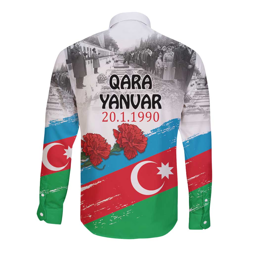 White long-sleeve button shirt, back print: QARA YANVAR date and Azerbaijan flag