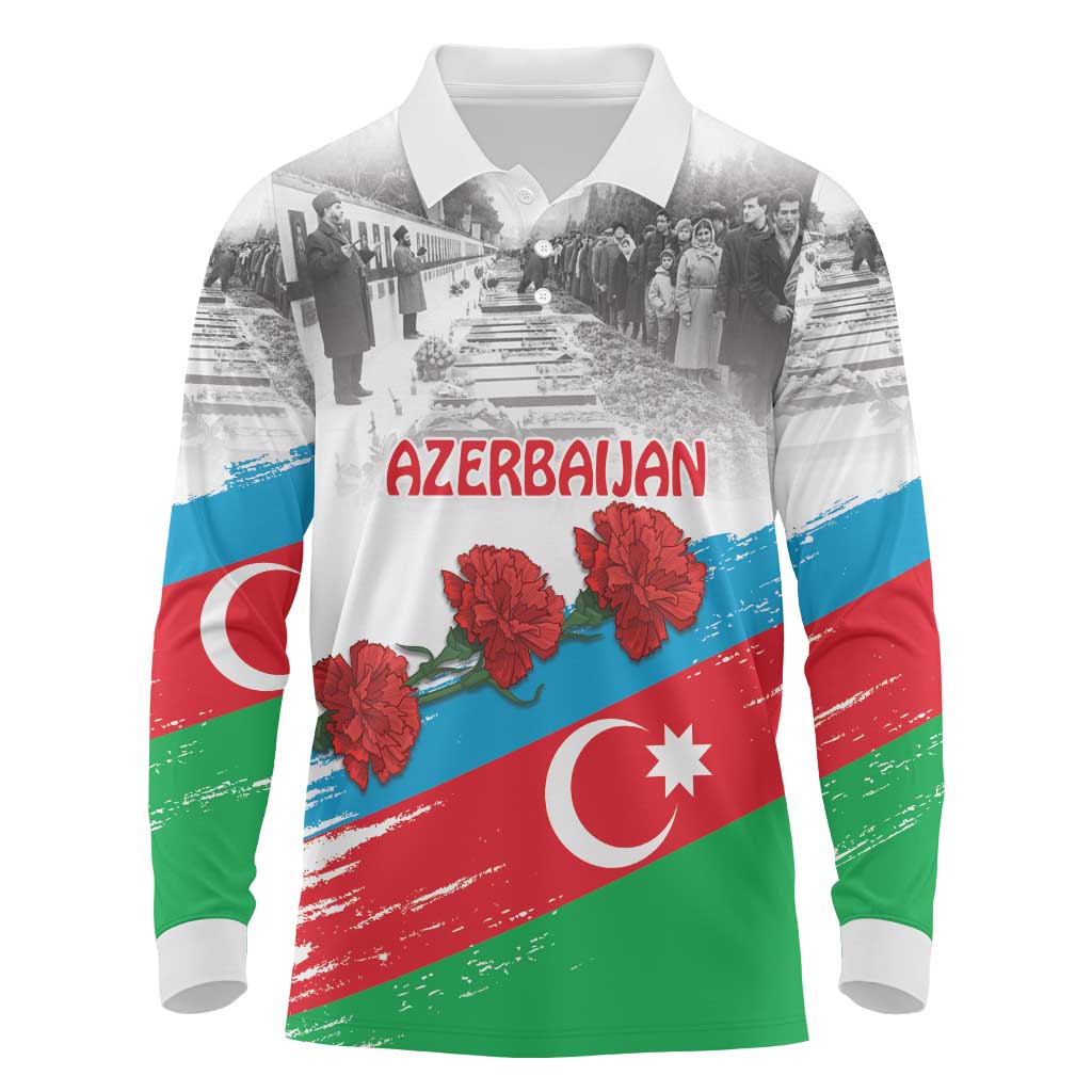 Azerbaijan Qara Yanvar Long Sleeve Polo Shirt with Flag Style - Wonder Print Shop