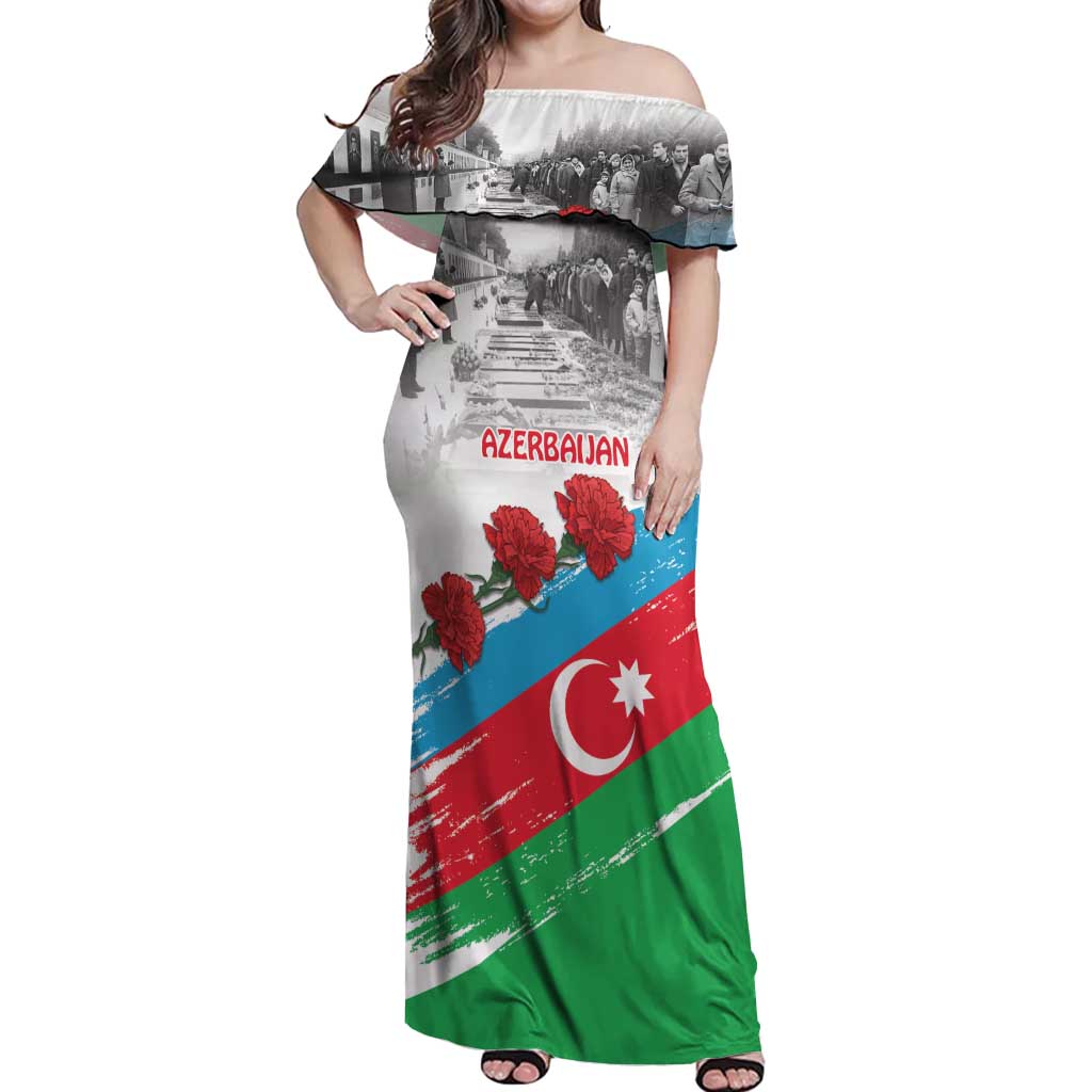 Azerbaijan Qara Yanvar Off Shoulder Maxi Dress with Flag Style - Wonder Print Shop