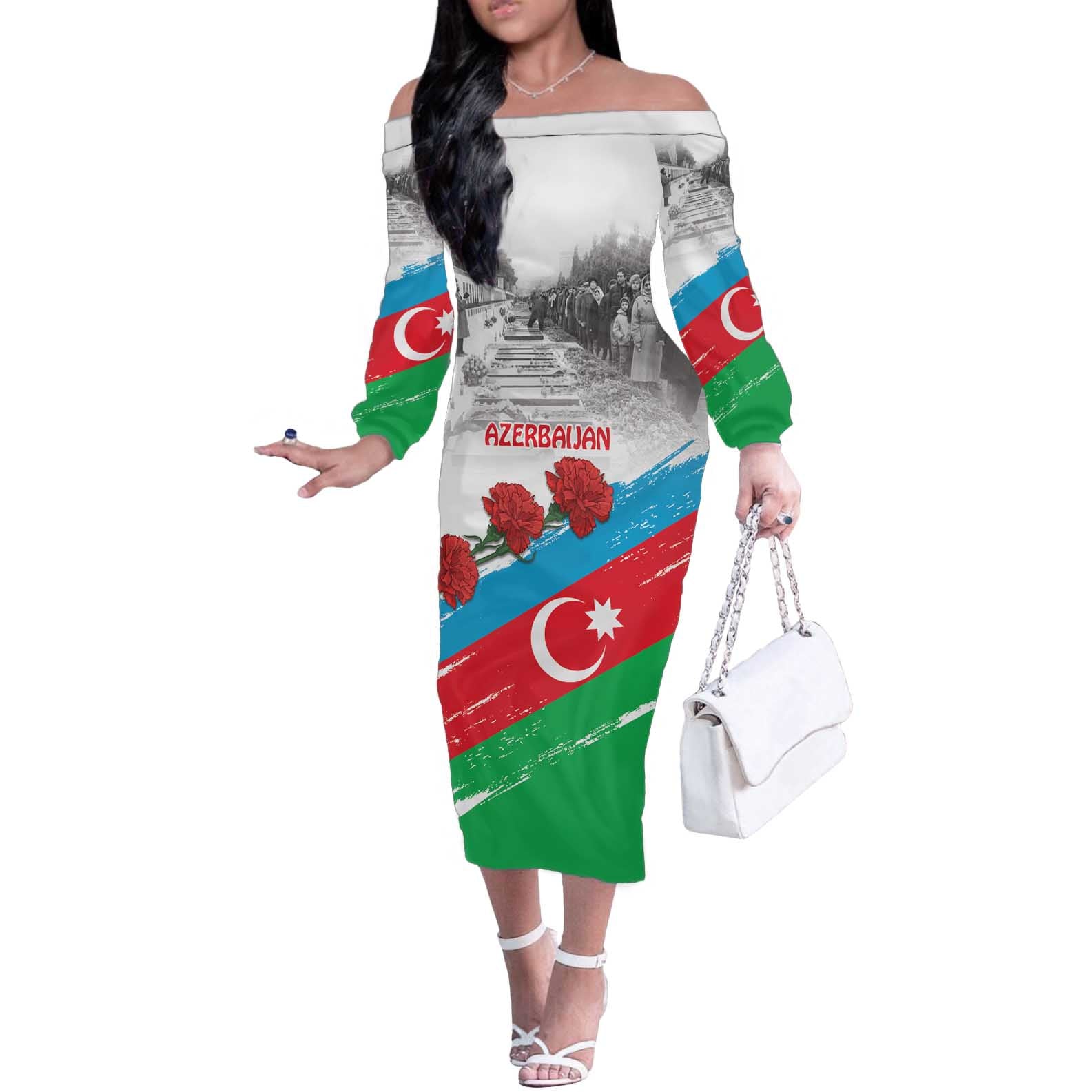 Azerbaijan Qara Yanvar Off The Shoulder Long Sleeve Dress with Flag Style - Wonder Print Shop