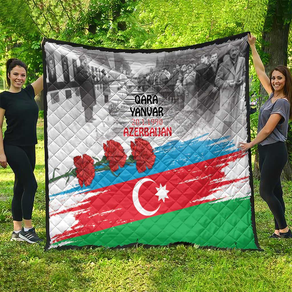 Large flag-style quilt with green border, red crescent and star, blue stripe, red flower accents