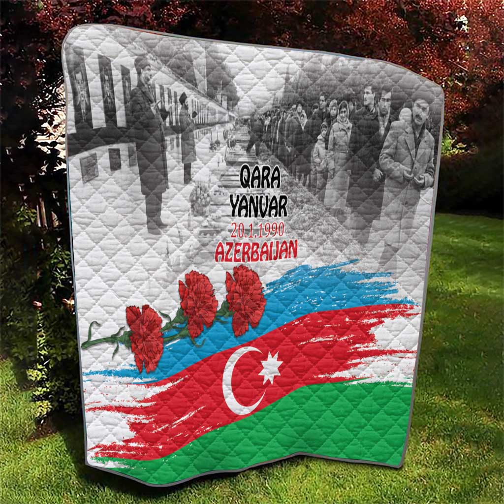 Quilt showing flag-style colors: red, green, blue stripe, crescent and star with red flowers