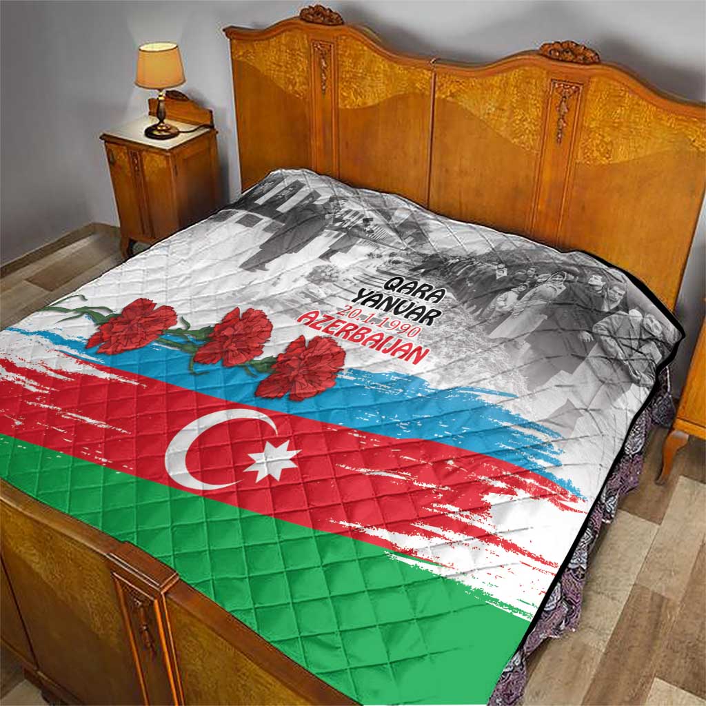 Flag-style quilt on bed with gray photo art, red flowers, crescent and star, diamond stitched