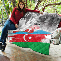 Flag-style quilt laid outdoors, gray photo art, red flowers, blue stripe, crescent and star