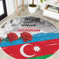 Round Azerbaijan flag style carpet with Qara Yanvar text, red flowers, crescent star on gray