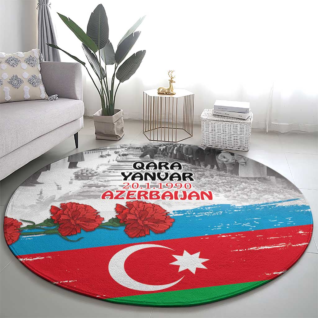 Round carpet with gray cityscape, Qara Yanvar text, red flowers, Azerbaijan crescent and star