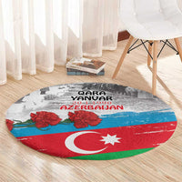 Round flag style round carpet with Qara Yanvar text, red flowers, crescent star on gray