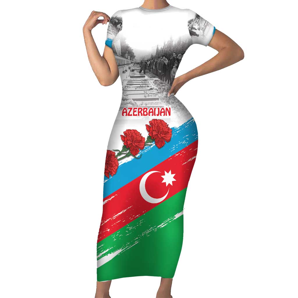 Azerbaijan Qara Yanvar Short Sleeve Bodycon Dress with Flag Style - Wonder Print Shop