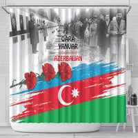 Azerbaijan flag-style shower curtain with date text and red roses across red, blue, green stripes